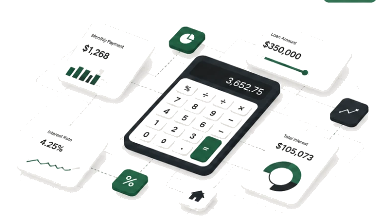 FigureCal calculator illustration showing example outputs: monthly payment $1,268, loan amount $350,000, interest rate 4.25%, total interest $105,073